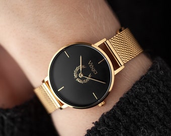 Montre de luxe pour femme dorée CELESTE - Noir | Montre-bracelet (bracelet en maille) - par Venici Times