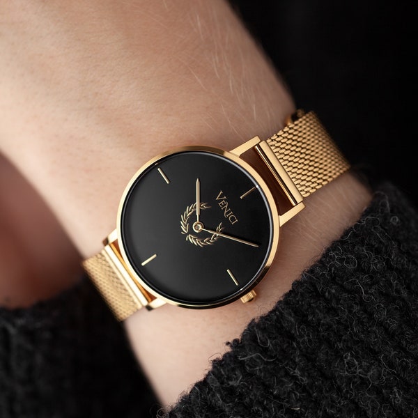 Luxus Damenuhr Gold CELESTE - Schwarz | Armbanduhr (Mesh Band) - Von Venici Times