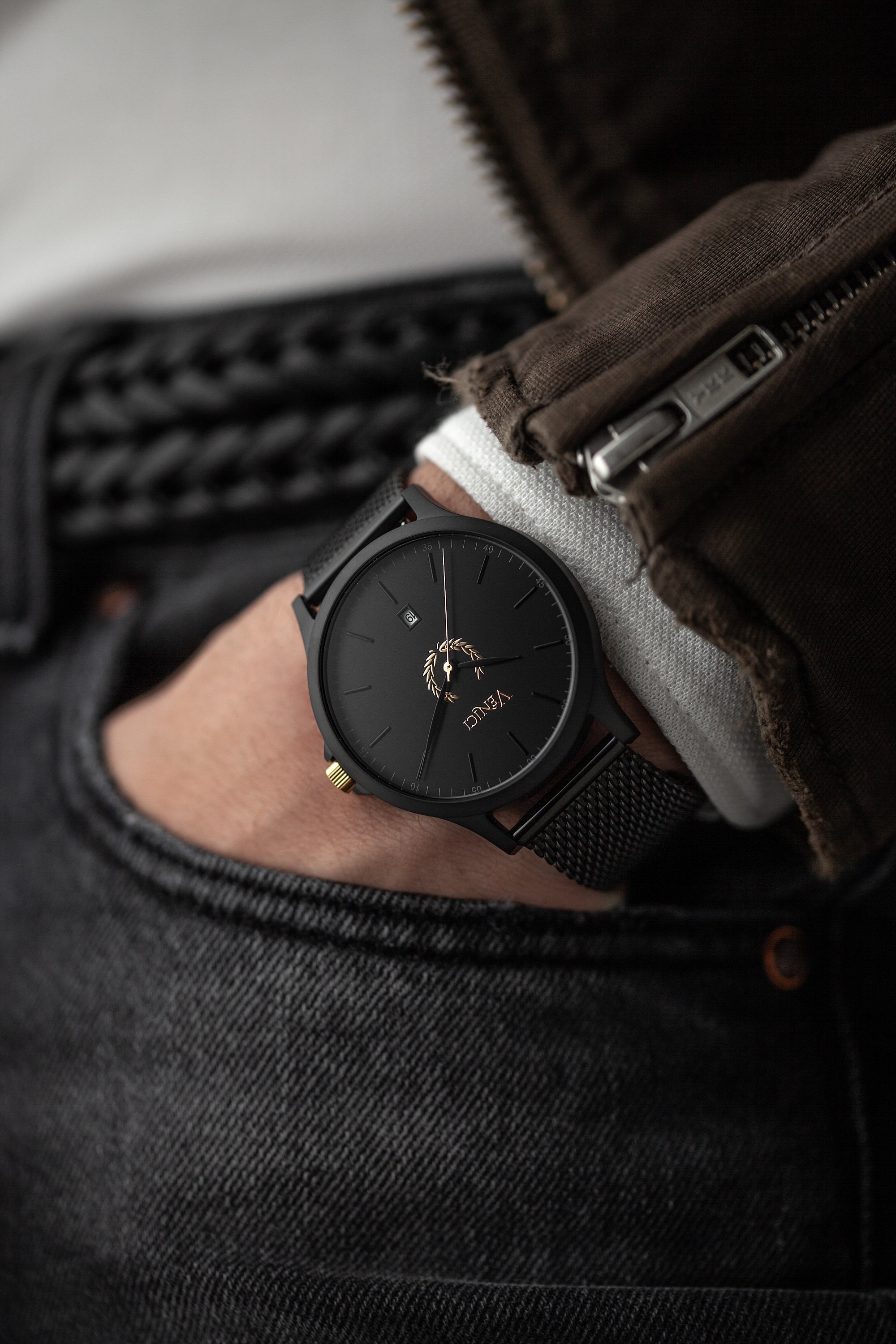 Minimalist Black and Gold Mens Watch, Stainless Steel Mesh 