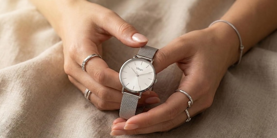 minimalist dress watch Moment | Silver-Tone Minimalist Dress Watch With White Dial & Rust Leather Strap for Men