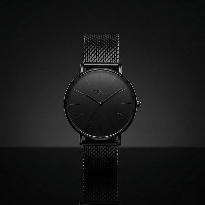 All Black Minimalist Mens Watch – Stainless Steel Mesh Strap – Modern Wrist Watch, Gift for Him image 7