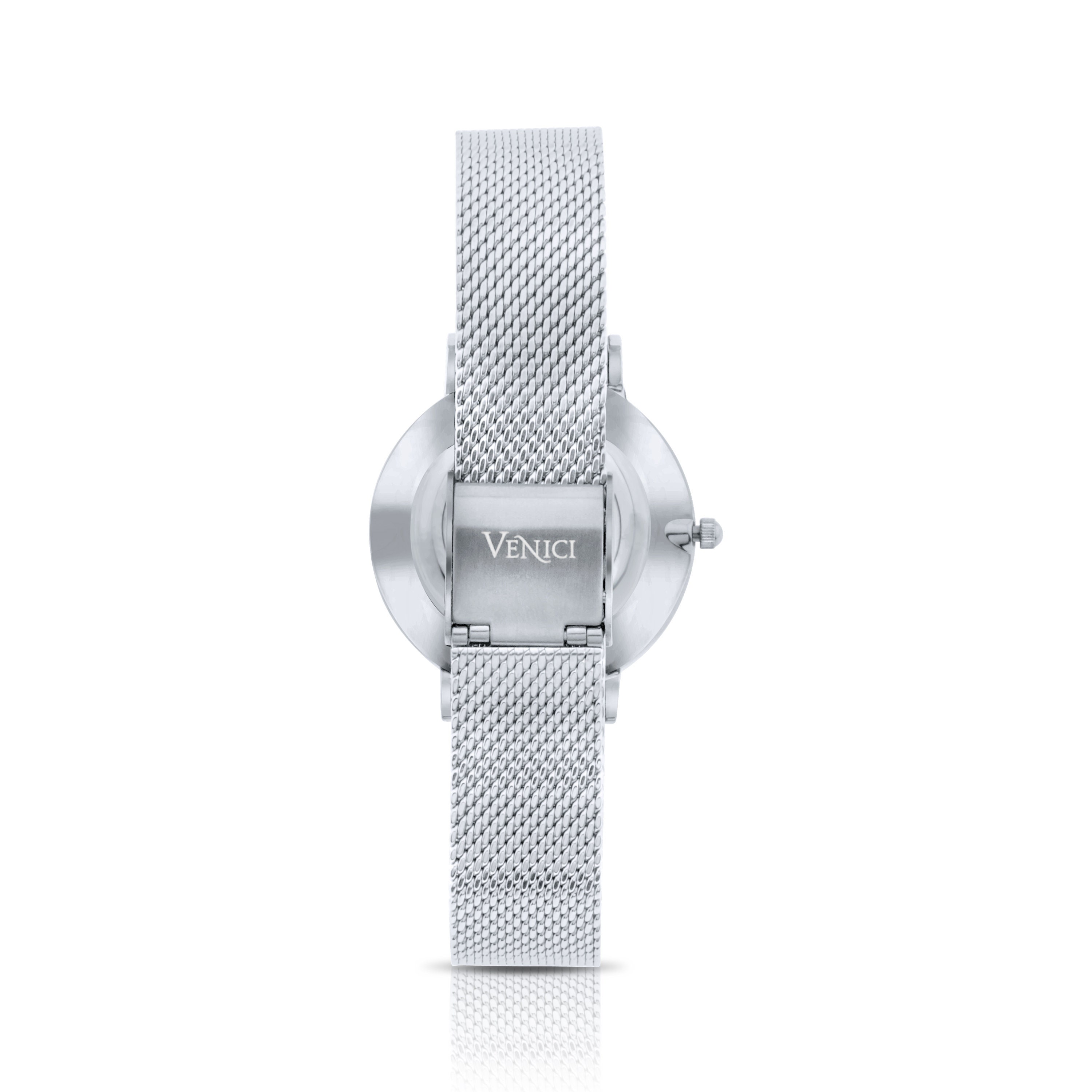OTLT Minimalist Silver Mesh Strap Watch White Dial Round Analog Wristwatch Moment | Silver-Tone Minimalist Dress Watch With White Dial  main image 3
