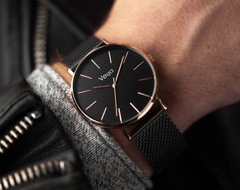 Minimalist Men's Watch, Rose Gold, Black Mesh Strap, Gift for Him, Modern Dress Watch