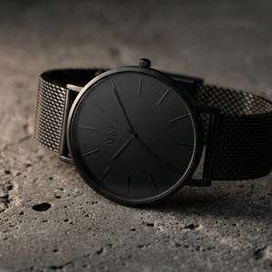 All Black Minimalist Mens Watch – Stainless Steel Mesh Strap – Modern Wrist Watch, Gift for Him image 4