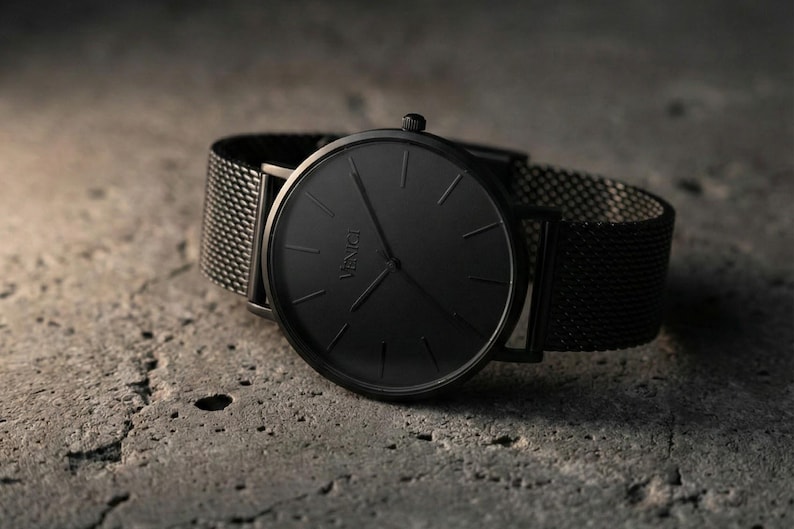 All Black Minimalist Mens Watch – Stainless Steel Mesh Strap – Modern Wrist Watch, Gift for Him image 4