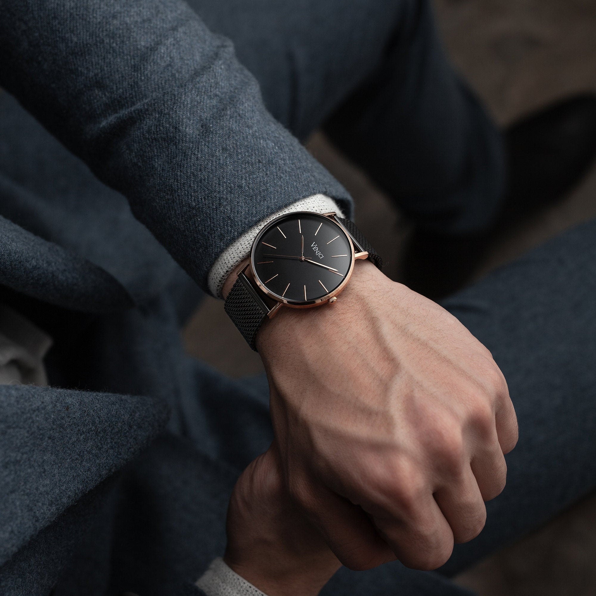 Minimalist Men's Rose Gold Mercury | Wrist Watch (mesh Band