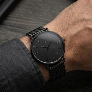 All Black Minimalist Mens Watch – Stainless Steel Mesh Strap – Modern Wrist Watch, Gift for Him image 5