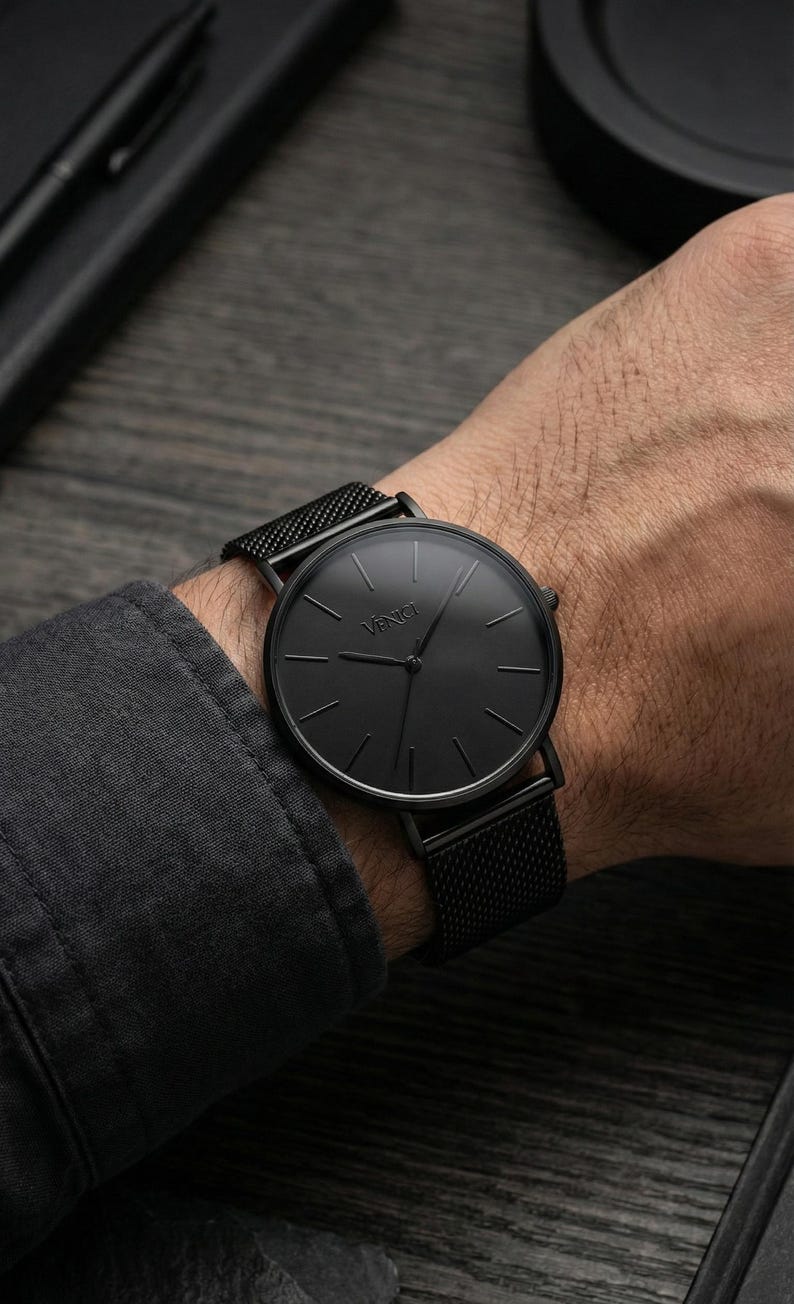 All Black Minimalist Mens Watch – Stainless Steel Mesh Strap – Modern Wrist Watch, Gift for Him image 5