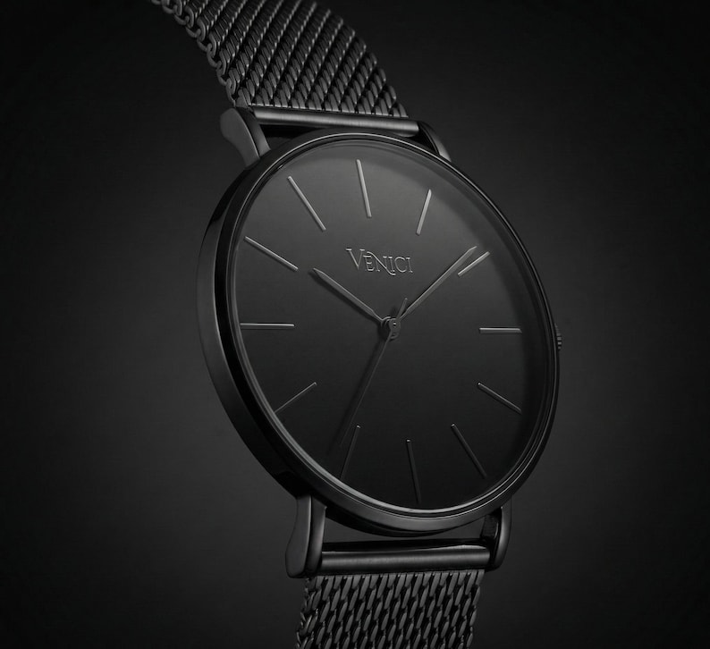 All Black Minimalist Mens Watch – Stainless Steel Mesh Strap – Modern Wrist Watch, Gift for Him image 3