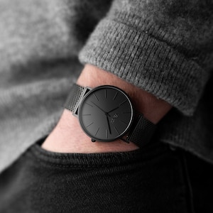 All Black Minimalist Mens Watch – Stainless Steel Mesh Strap – Modern Wrist Watch, Gift for Him