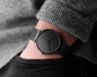 Reloj minimalista negro para hombre, correa de malla de acero inoxidable, moderno reloj de pulsera, regalo para él.