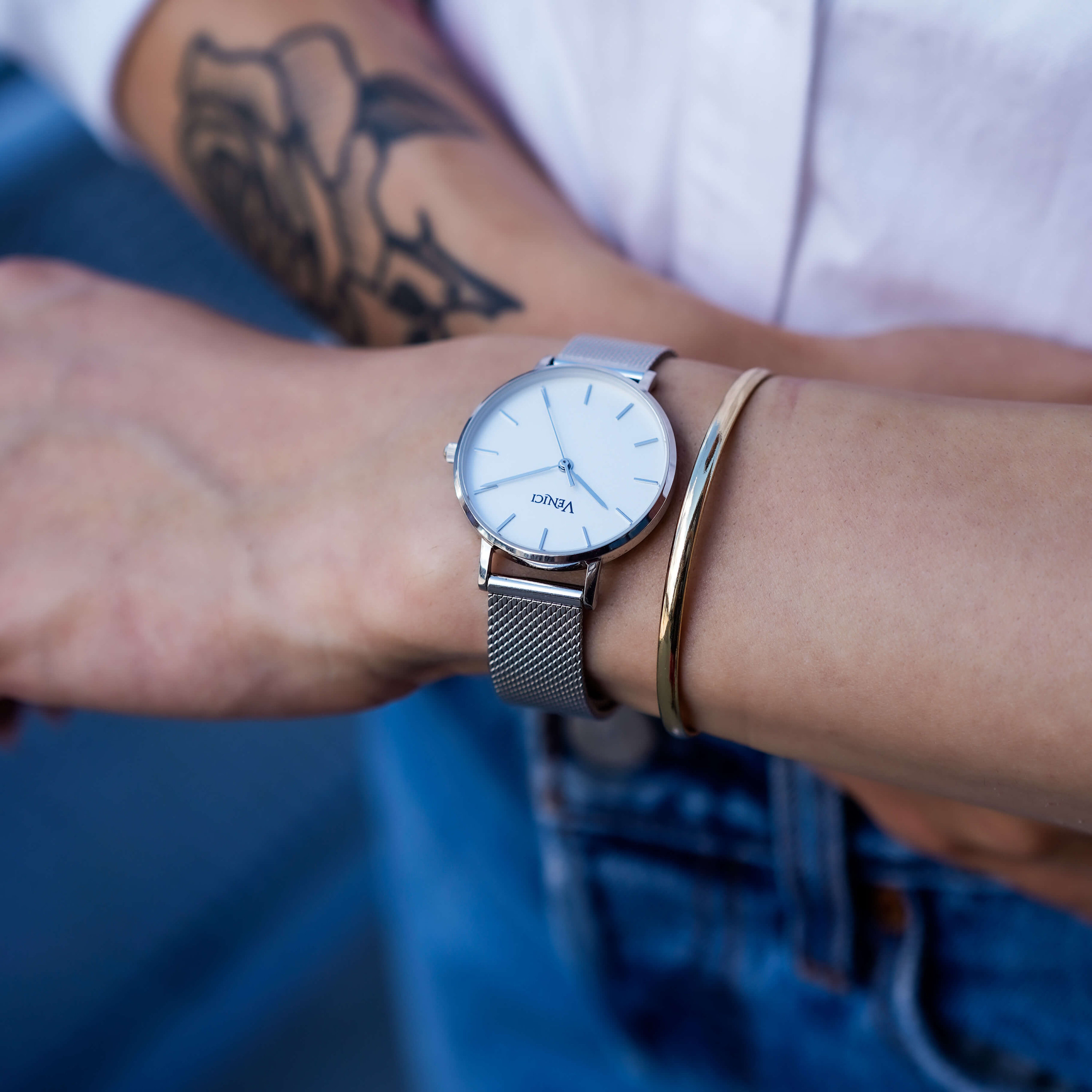 OTLT Minimalist Silver Mesh Strap Watch White Dial Round Analog Wristwatch Moment | Silver-Tone Minimalist Dress Watch With White Dial  main image 2