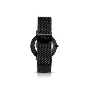 May include: A black wristwatch with a mesh band. The watch face is round and black, with a black bezel. The band is made of a fine, woven mesh. The word "Venici" is printed on the clasp.