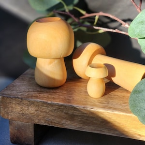 May include: Three wooden mushroom figurines on a dark brown wooden surface. The largest mushroom is light brown and has a smooth, rounded top. The other two mushrooms are smaller and have a more textured surface.