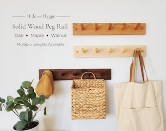 Wooden Peg Rail Hooks, Scandinavian Coat Rack, Minimalist Entryway Organizer, Shaker Style Wall Storage