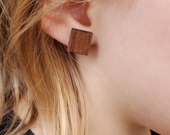 Walnut Wood Stud Earrings, Wood Earrings, Womans Stud Earrings, Wood Stud Earrings, Mens Stud Earrings, Square Wood Studs, Wood Post Earring