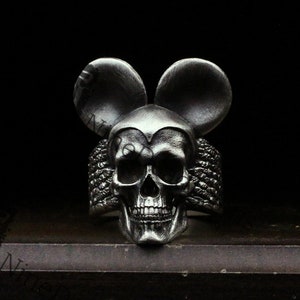 Skull Mickey Mouse 925 Silver Ring, Gothic Black Silver Ring for Boys/Girls, Black Fairytale Mickey Mouse Death Ring