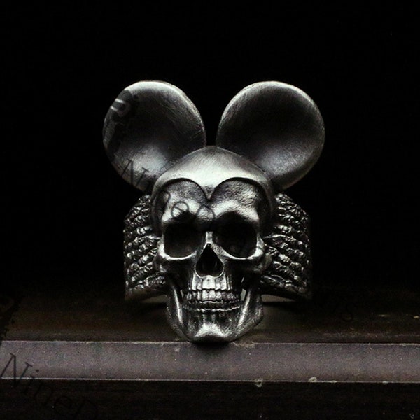 Totenkopf-Micky-Maus-Ring aus 925er-Silber, gotischer schwarzer Silberring für Jungen/Mädchen, schwarzer märchenhafter Mickey-Maus-Todesring