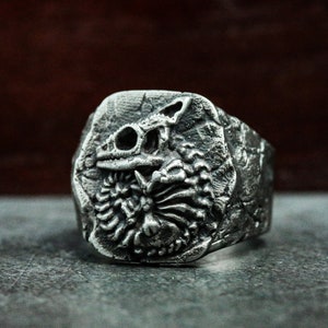 Chameleon Fossil Silver Ring-Dinosaur Fossil Skull Ring-Imitation Fossil Design Style Silver Ring Handmade Gift