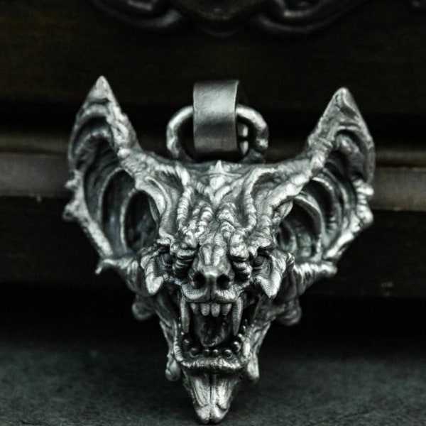 Gargoyle Bat 925 Silver Pendant Necklace, Vampire Necklace, Monster Necklace Pendant, Gift Pendant