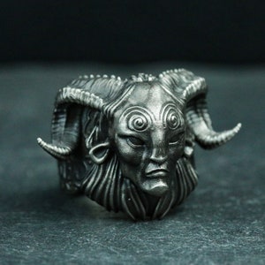 Shepherd Devil Sheep Head 925 silver ring, demon genie silver jewelry, sheep god skull gift handmade pendant