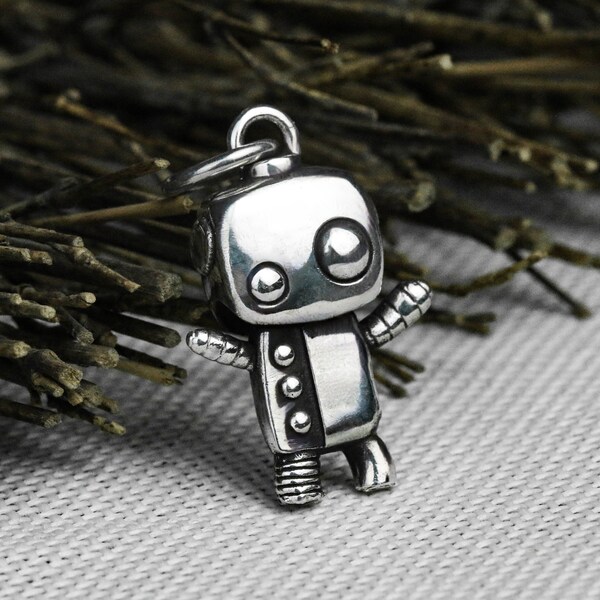 Collier pendentif en argent mignon Robot 925 - Pendentif robot en argent brillant poli - Cadeau pour elle