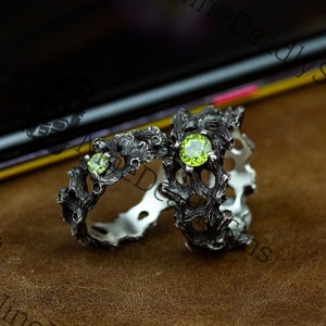 Peridot inlaid vine 925 silver ring-Chinese Five Elements Wood Attribute Couple Ring-Men and Women's Ring Holiday Gift Silver Jewelry