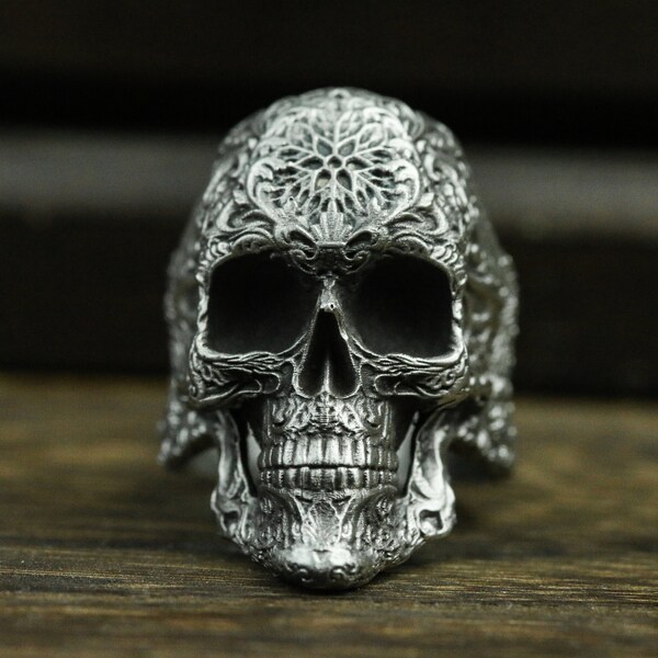 Anillo de plata Pattern Carving Skull 925, anillo de calavera de personalización de grabado de textura, anillo personalizado hecho a mano - Hecho por artesanos