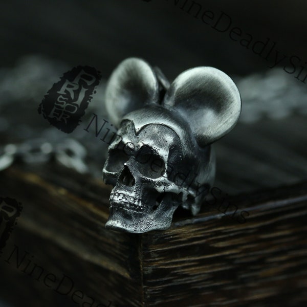Mickey Mouse Schädel 925 Silber Anhänger, Dark Gothic Style Sterling Silber Anhänger Halskette, Einzigartige Disney Personalisierte Geschenk Handwerker