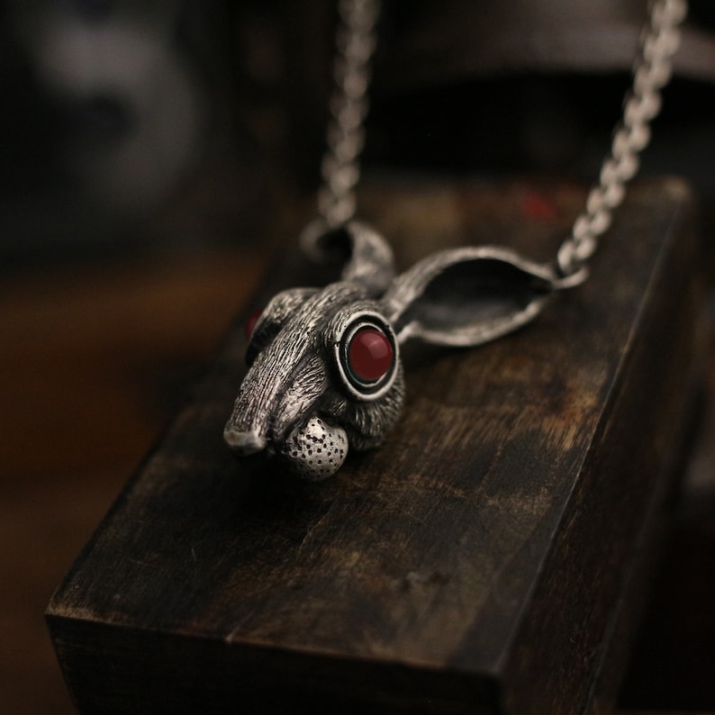 hooligan rabbit sterling silver gothic vintage gift Craftsman made ruby eyes inlaid Long-eared rabbit 925 silver pendant necklace