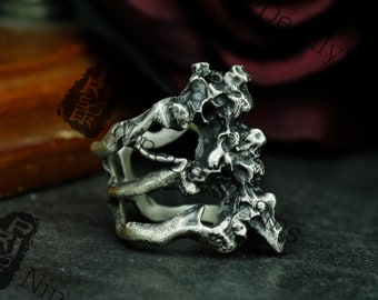 Human Vertebral Anatomy Skeleton 925 Silver Ring, Gothic Spine Skeleton Wear Bones Christmas Ring Gift