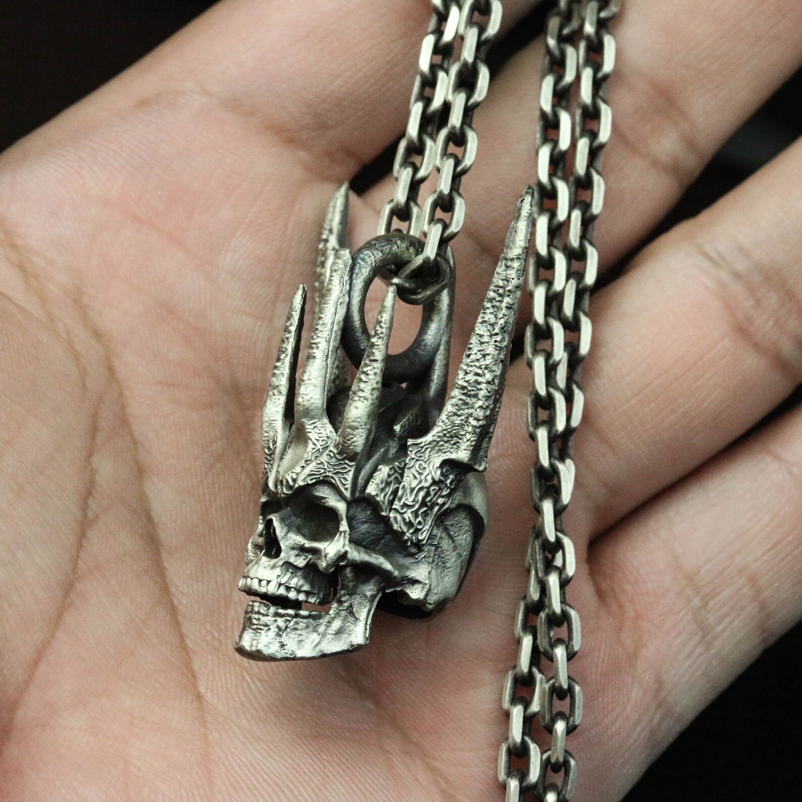 Spiked Skull 925 Silver Pendant Necklace Crown Skull Etsy