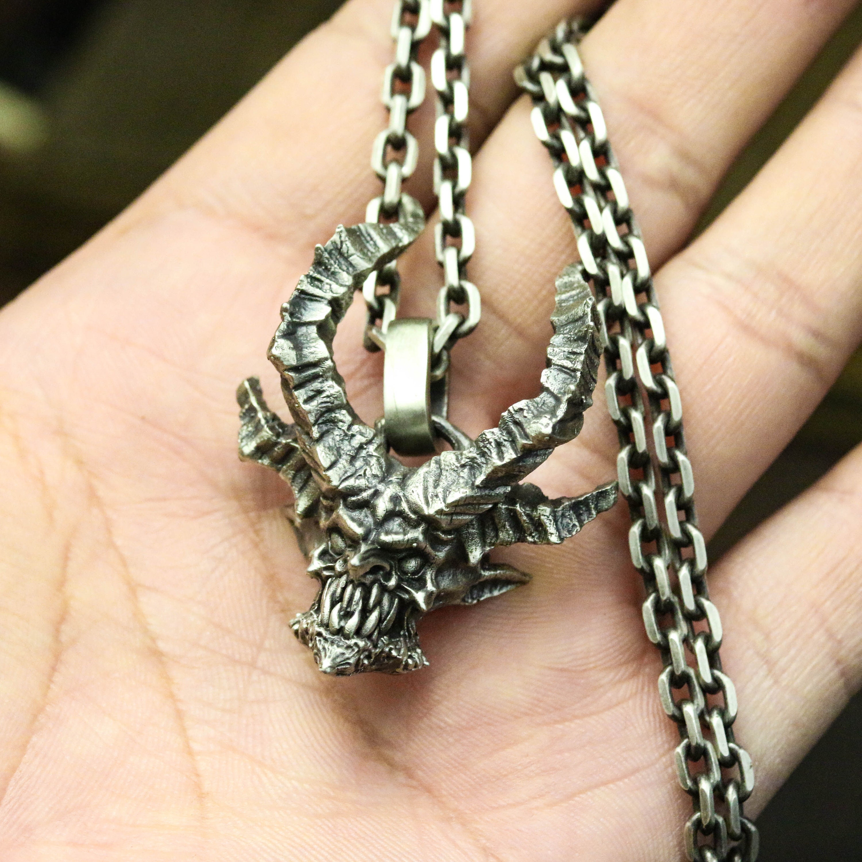 Horned Devil Skull 925 Silver Pendant Necklace Gothic | Etsy