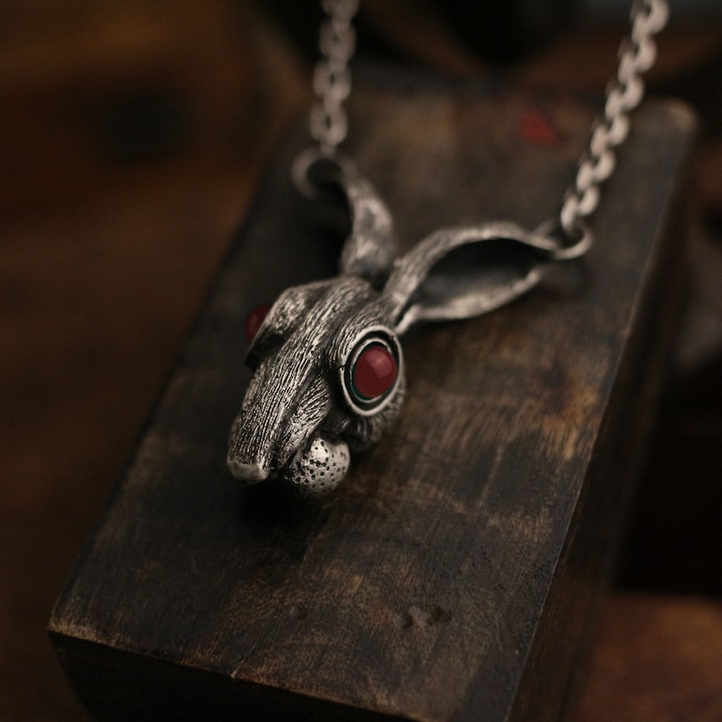 hooligan rabbit sterling silver gothic vintage gift Craftsman made ruby eyes inlaid Long-eared rabbit 925 silver pendant necklace