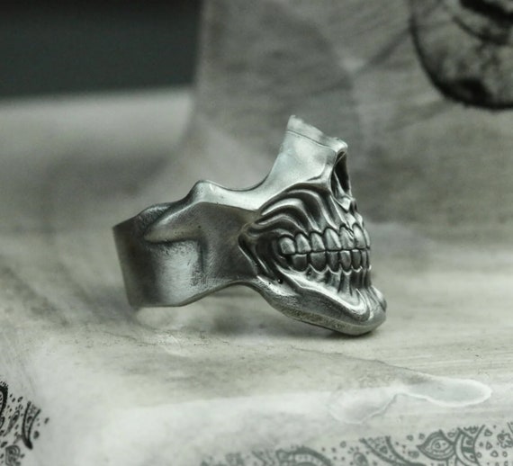 Totenkopf Kinn Maske 925 Silber Ring Gothic Cannibal Skull Silber Ring  Totenmaske Horror Finger Zähne Ring | Silberringe