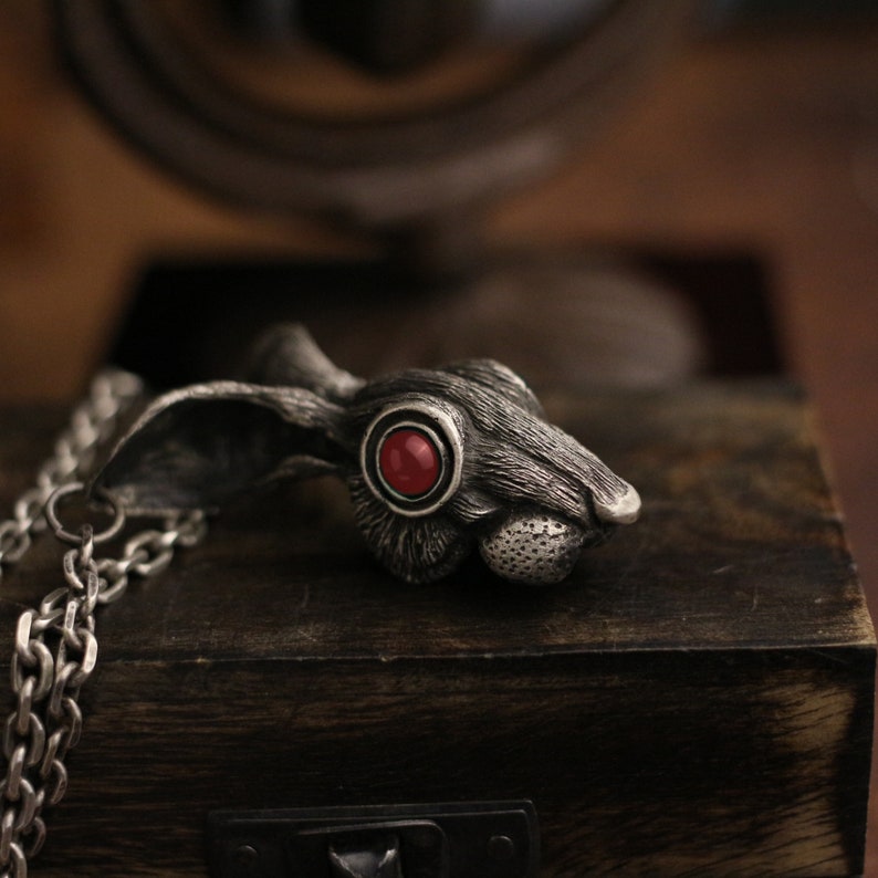 hooligan rabbit sterling silver gothic vintage gift Craftsman made ruby eyes inlaid Long-eared rabbit 925 silver pendant necklace