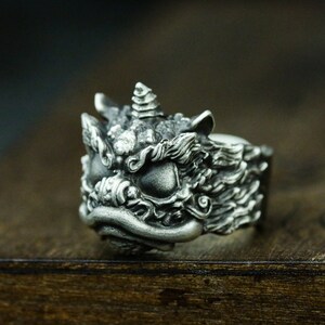 kylin/kirin Auspicious Beast 925 Silver Ring - Unicorn Big Eyed Beast Chinese Divine Beast "Nian" - Lion Dance Handmade New Year Ring Gift