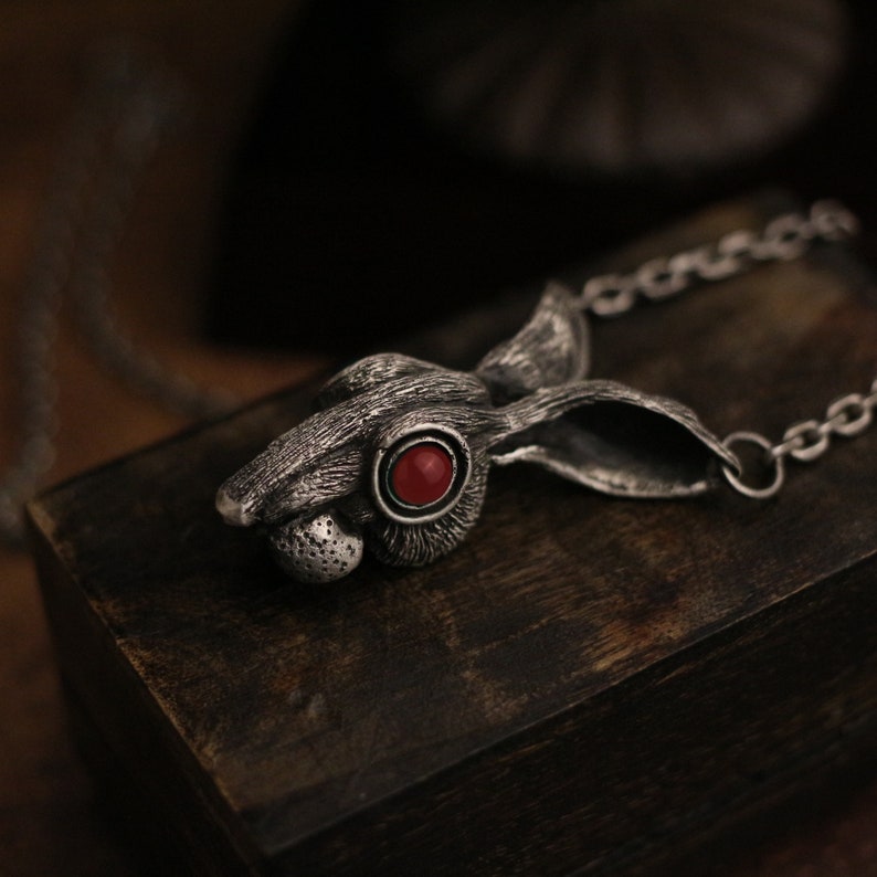 hooligan rabbit sterling silver gothic vintage gift Craftsman made ruby eyes inlaid Long-eared rabbit 925 silver pendant necklace