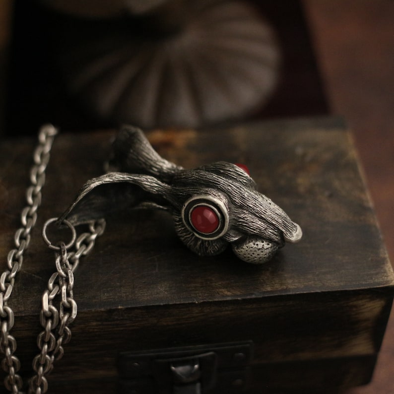 hooligan rabbit sterling silver gothic vintage gift Craftsman made ruby eyes inlaid Long-eared rabbit 925 silver pendant necklace