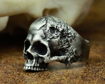 Jawless Skull 925 Silver Ring - Cracked Textured Gothic Skull Ring - Classic Skull Death Statement Ring