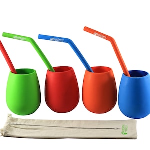 Silicone Glasses Set of 4 Bundle with matching Silicone Straws,cleaning brush&portable pouch made by BlueEarth Friendly