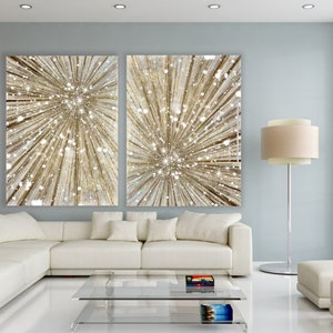 Sparkly gold and white shimmering starburst textured painting