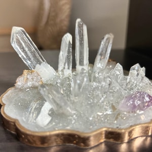 Crystal tip and amethyst white and gold desk business card holder/phone stand