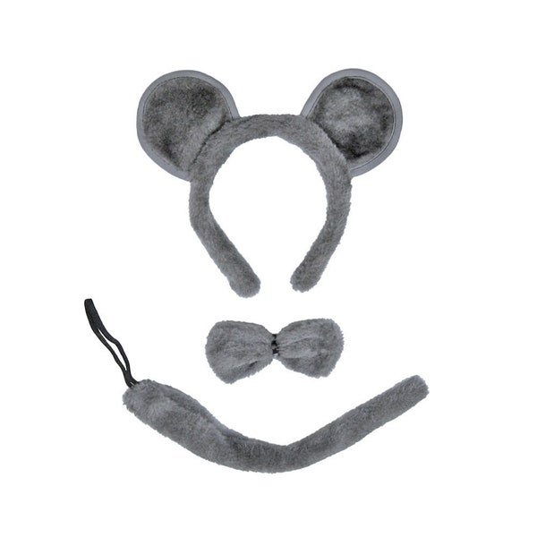 Gray Mouse Ears, Tail, & Bow Tie Costume Set - Cute Adult Child Kids Halloween Grey Mouse Costume Party Kit Dress Up Pretend Play Photo Prop