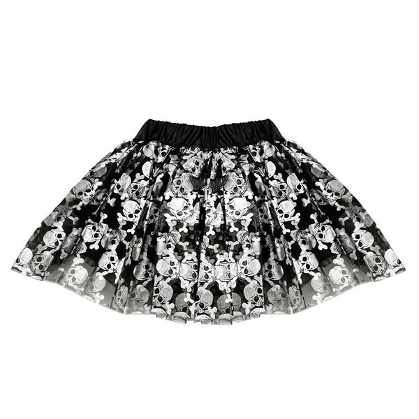 Skull Crossbones Tulle Tutu Lined Skirt - Girls Pirate Vampire Witch Punk Rock Gothic Costume Cosplay, Birthday Party, Cruise Dance Dress Up