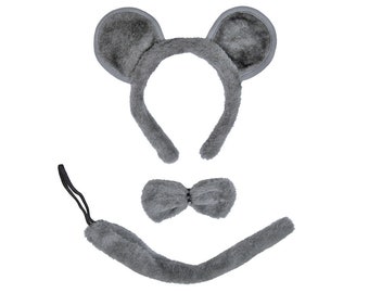 Gray Mouse Ears, Tail, & Bow Tie Costume Set - Cute Adult Child Kids Halloween Grey Mouse Costume Party Kit Dress Up Pretend Play Photo Prop