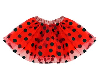 Red Black Polka Dot Tulle Tutu Lined Skirt - Girls Ladybug Costume, Birthday Party, Dance Recital, Pretend Play, Cruise, Dress Up, Gift