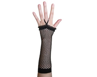 Black Fingerless Fishnet Lace Gloves 80s Ladies Fancy Dress Halloween Party 2 PK 