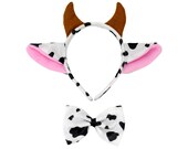 Cow Ears Headband Bow Tie Costume Set (Pink) - Cute Halloween, Cosplay, Birthday Party, Kids Adult Farm Cow Dress Up Day Accessories Kit