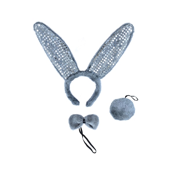 Gray Plush Sequin Bunny Ears, Tail, & Bow Tie Costume Set - Cute Adult Child Kids Halloween, Easter, Cosplay, Grey Rabbit Costume Party Kit